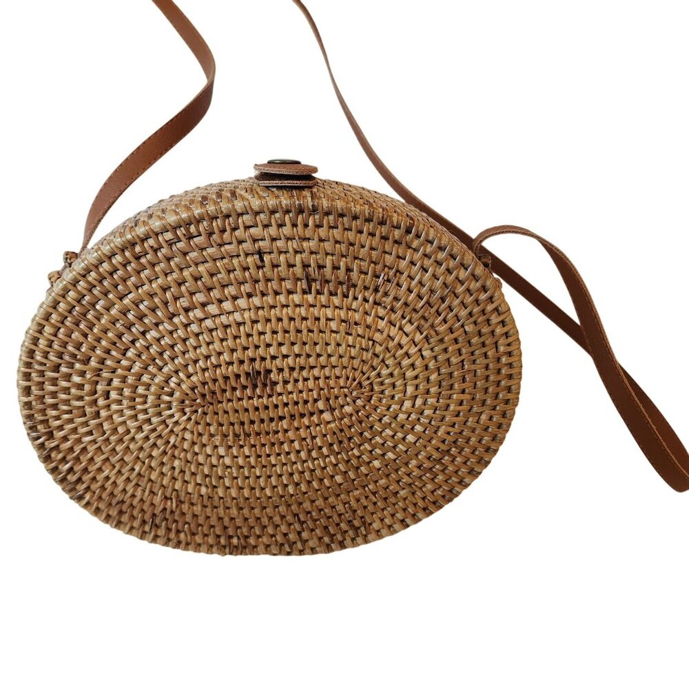 Woven Rattan Round Crossbody Bag With Leather Strap & Floral Lining